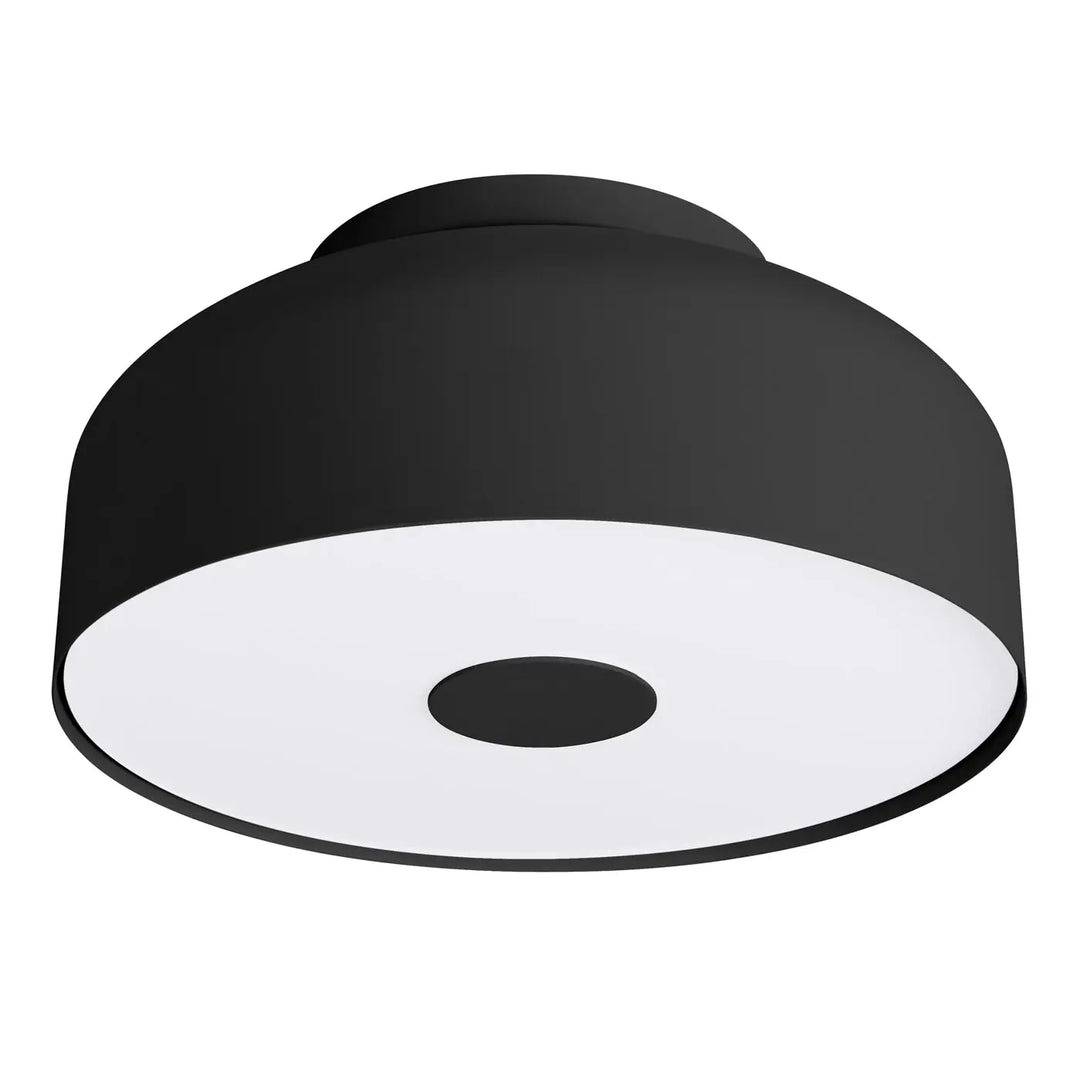 Plafonnier omiq noir mat avec design exceptionnel et diffuseur blanc à découpe circulaire allie simplicité