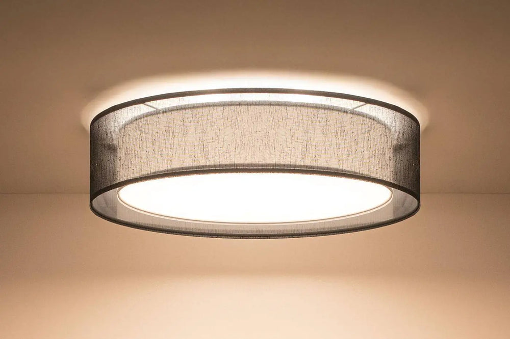 Luminaire plafonnier noir circulaire avec abat-jour en tissu gris foncé texturé et cadre métallique élégant puRO