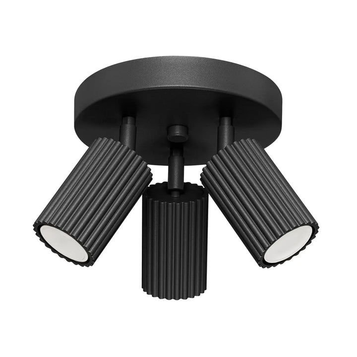 Plafonnier karbon allie design minimaliste noir mat avec trois têtes cylindriques rainurées et ampoules gu10 interchangeables