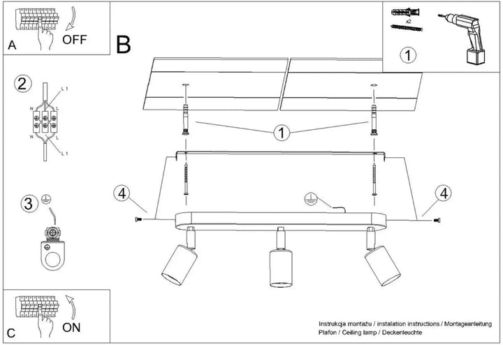 Plafonniers fornes gamme fornes avec trois spotlights réglables en métal noir pour un éclairage moderne et flexible