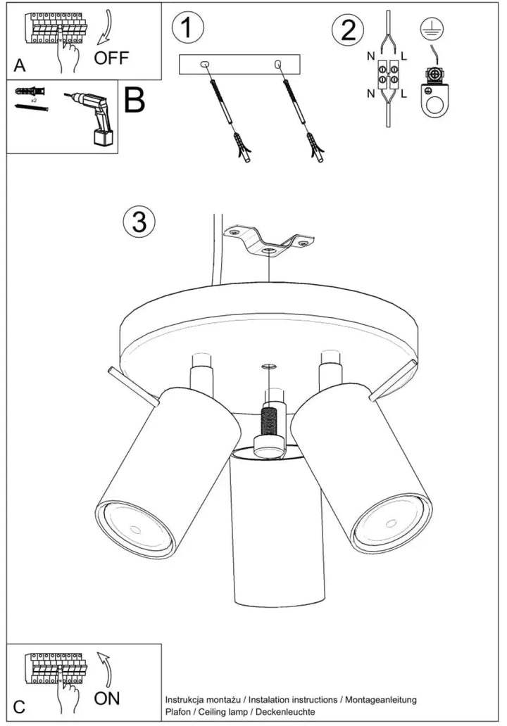 Luminaire plafonnier ring 3p noir avec trois spots cylindriques en verre dépoli que vous pouvez installer facilement