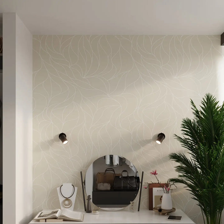 Miroir rond avec cadre minimaliste noir posé sur une coiffeuse blanche près d un plafonnier lemmi avec module led lumière conviviale