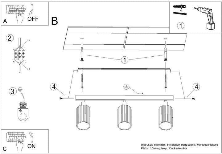 Diagramme dinstallation du plafonnier karbon allie or avec trois ampoules gu10 interchangeables design minimaliste