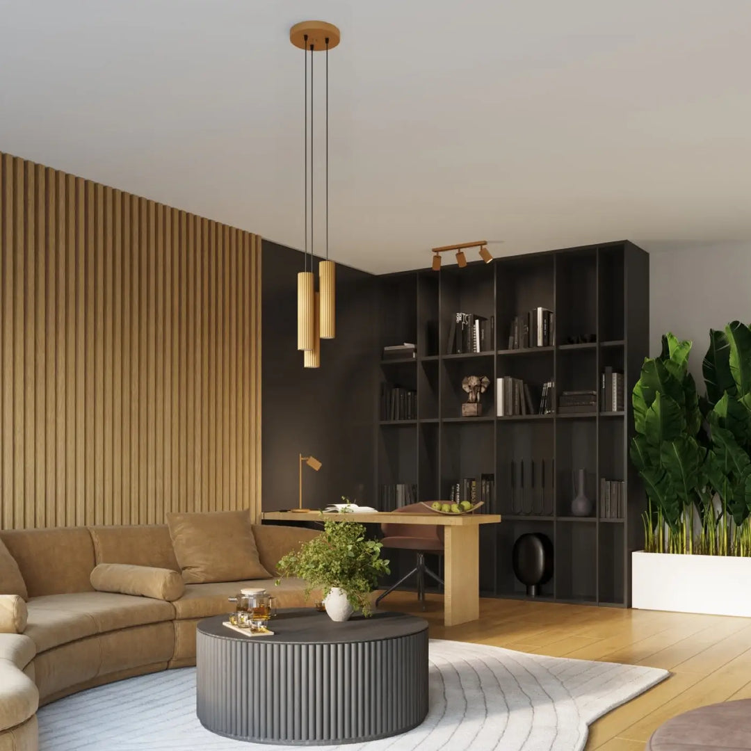 Luminaire plafonnier karbon allie design minimaliste en bois chaud et cordons noirs avec ampoules gu10 interchangeables