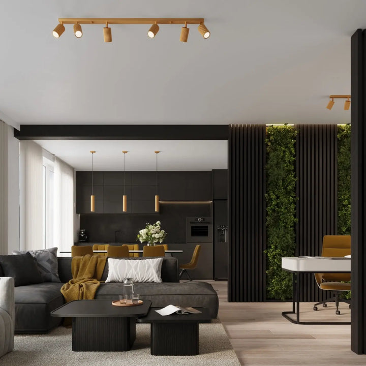 Plafonnier karbon allie moderne en bois avec cinq spots ajustables et ampoules gu10 interchangeables design minimaliste