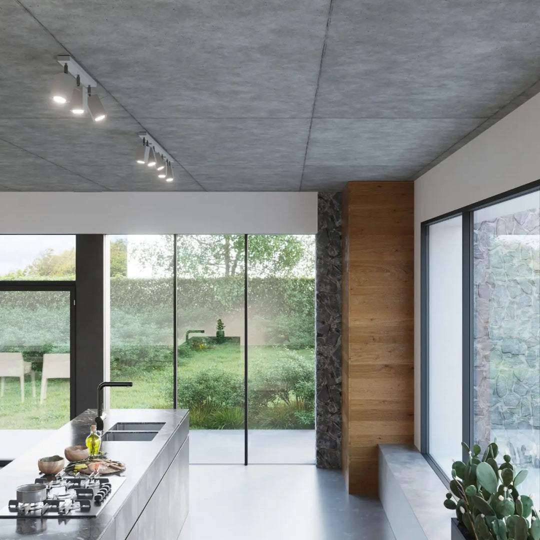 Luminaire plafonnier moderne merida 4 gris avec spots merida et design diriger précisément en cuisine minimaliste