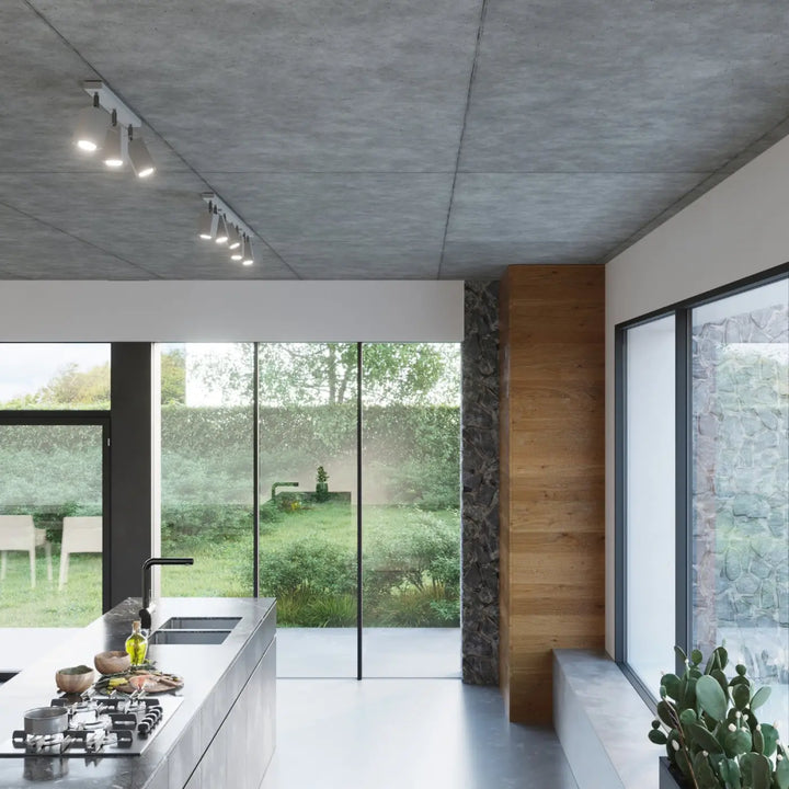Luminaire plafonnier moderne merida 4 gris avec spots merida et design diriger précisément en cuisine minimaliste
