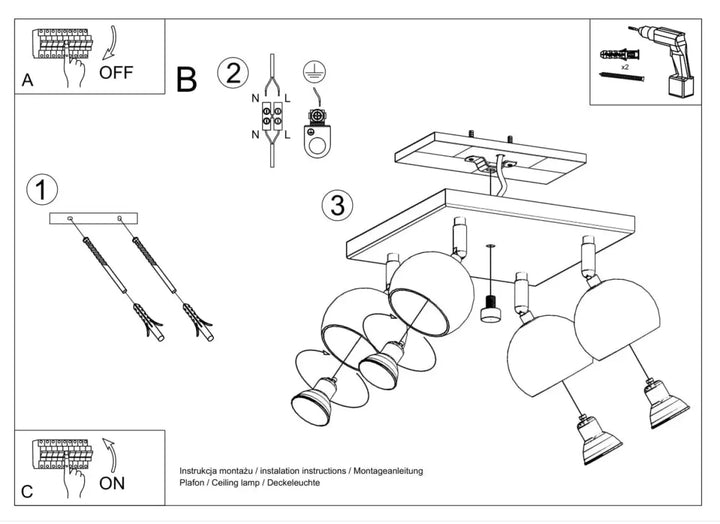 Luminaire plafonnier oculare 4 noir design original avec cadre métallique et globes en verre pour éclairez précisément