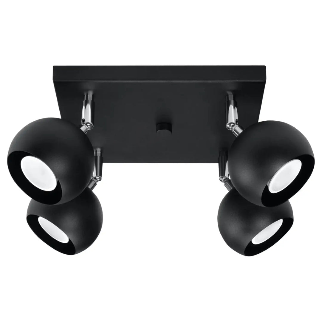 Plafonnier oculare noir mat avec quatre têtes sphériques réglables pour éclairez précisément avec un design original