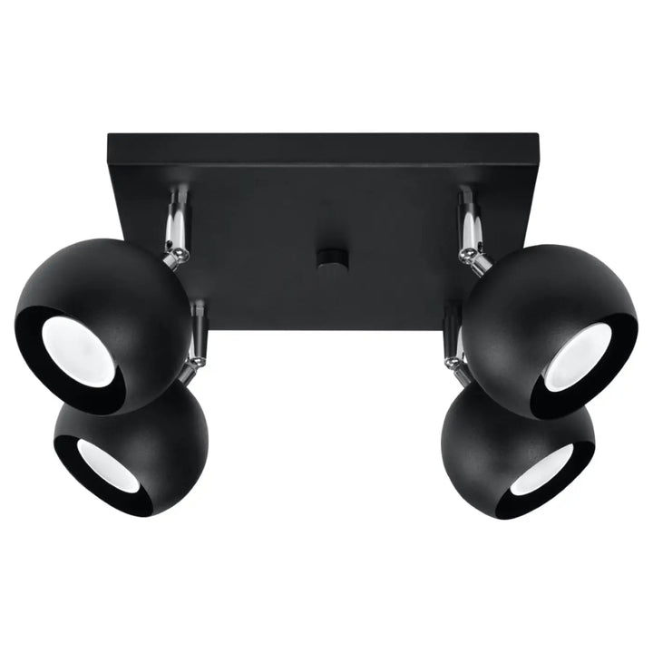 Plafonnier oculare noir mat avec quatre têtes sphériques réglables pour éclairez précisément avec un design original