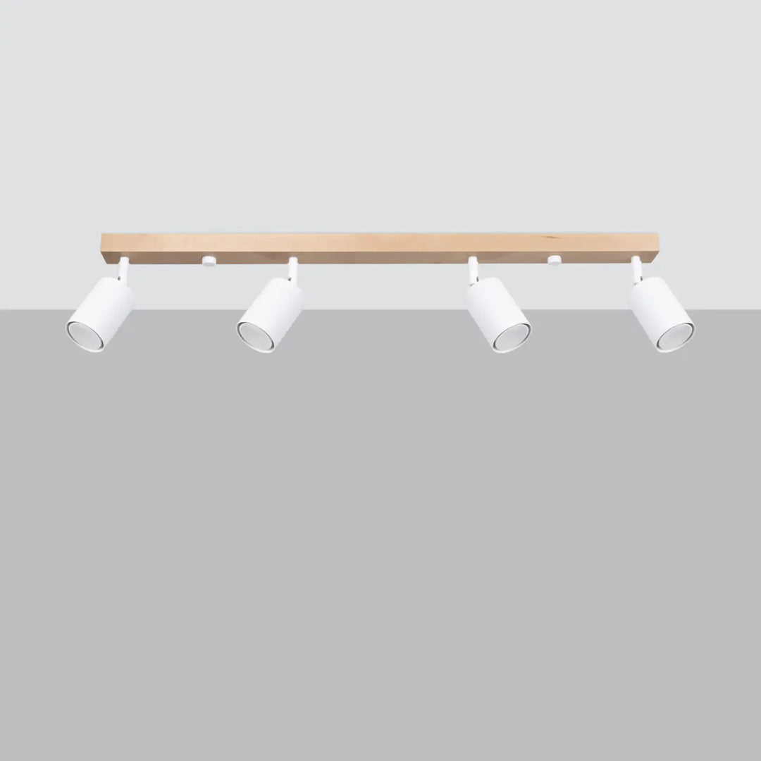 Plafonnier verdo design moderne avec spots cylindriques blancs montés sur une poutre en bois clair