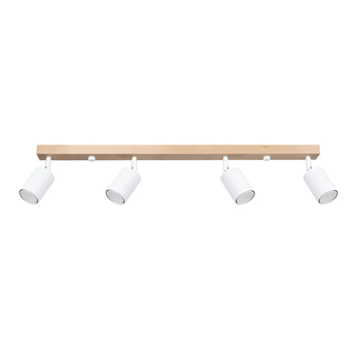 Plafonnier verdo 4 blanc avec spots cylindriques modernes montés sur une poutre en bois clair design moderne