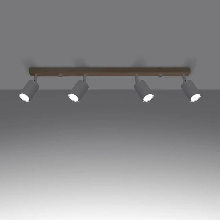 Plafonnier verdo design moderne en bois avec quatre spots cylindriques gris réglables pour éclairage intérieur