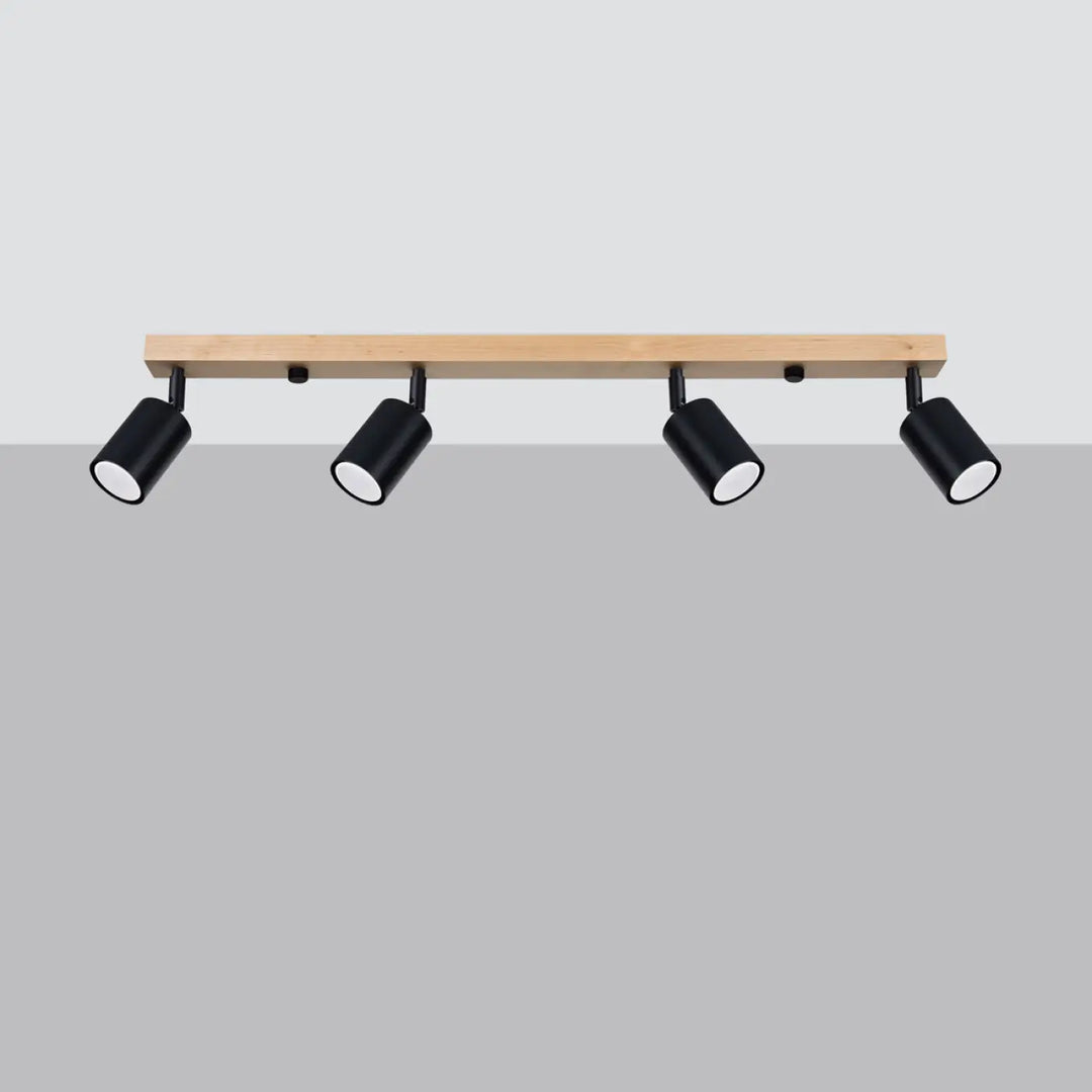 Plafonnier verdo design moderne avec spots cylindriques noirs montés sur une poutre en bois clair