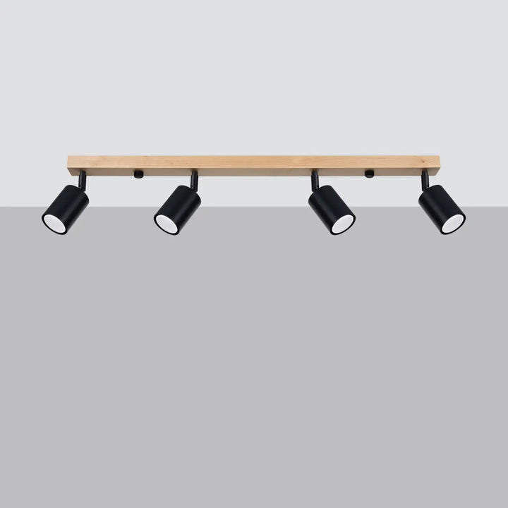 Plafonnier verdo design moderne avec spots cylindriques noirs montés sur une poutre en bois clair