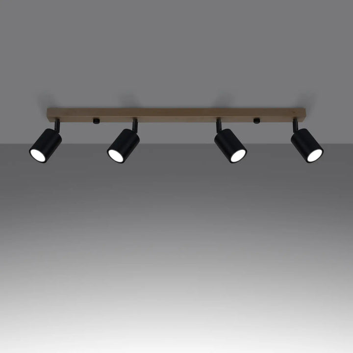 Luminaire plafonnier verdo 4 noir avec design moderne en spot cylindrique noir monté sur rail effet bois clair