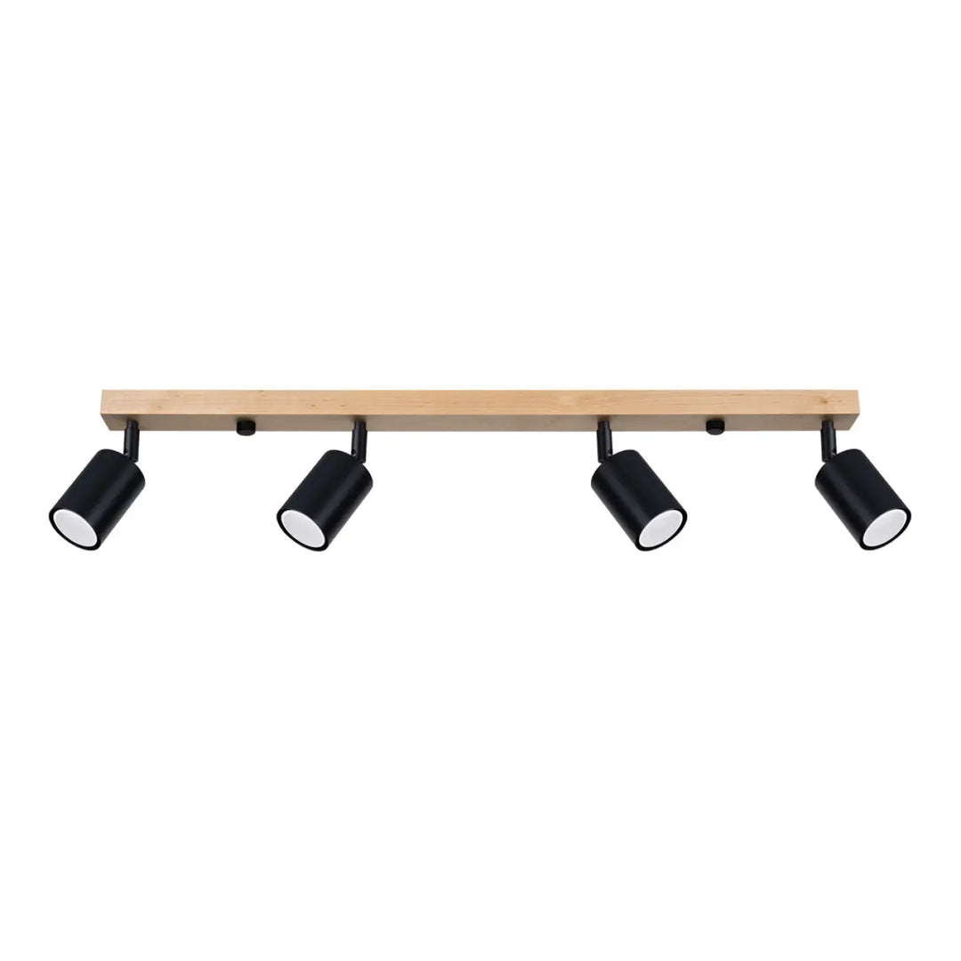 Plafonnier Verdo 4 noir avec spots cylindriques en bois clair au design moderne pour éclairage intérieur