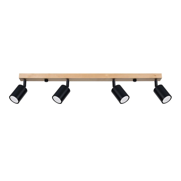 Plafonnier Verdo 4 noir avec spots cylindriques en bois clair au design moderne pour éclairage intérieur