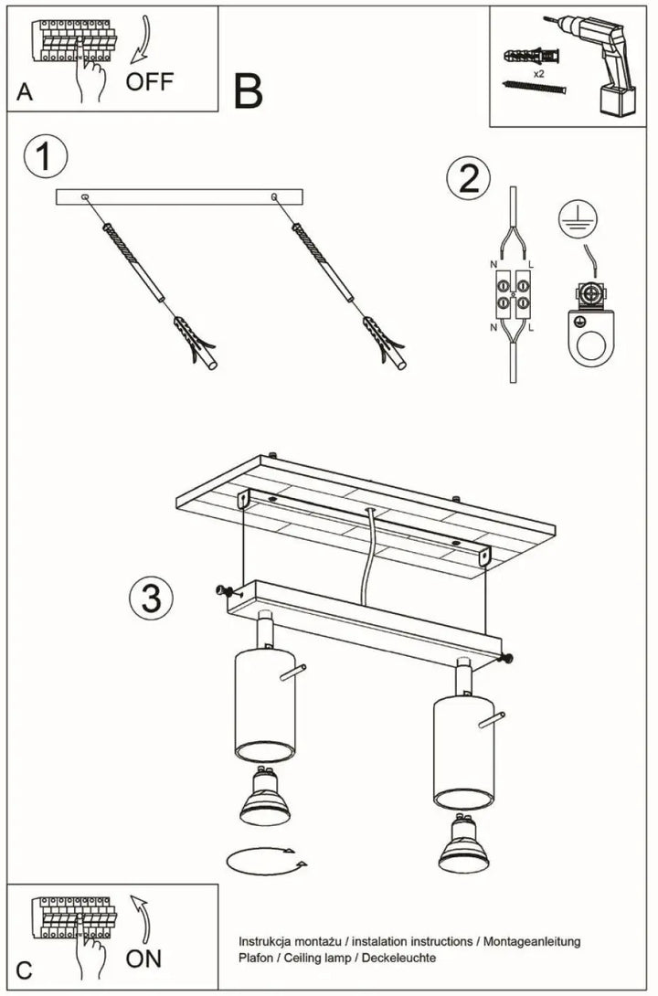 Luminaire plafonnier ring 2 blanc avec deux lampes cylindriques ajustables que vous pouvez facilement installer