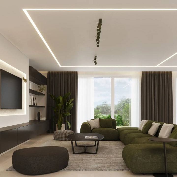Luminaire plafonnier ring 3l vert olive avec canapé sectionnel velours minimalisme moderne et éclairage flexible