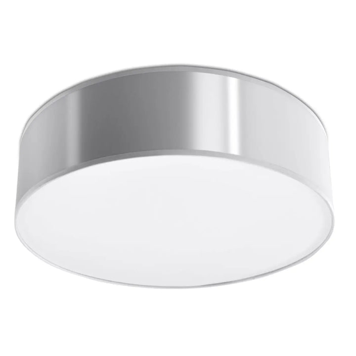 Plafonnier rond arena 35 gris avec cadre métallique argenté et diffuseur blanc pour un éclairage polyvalent à forme riche