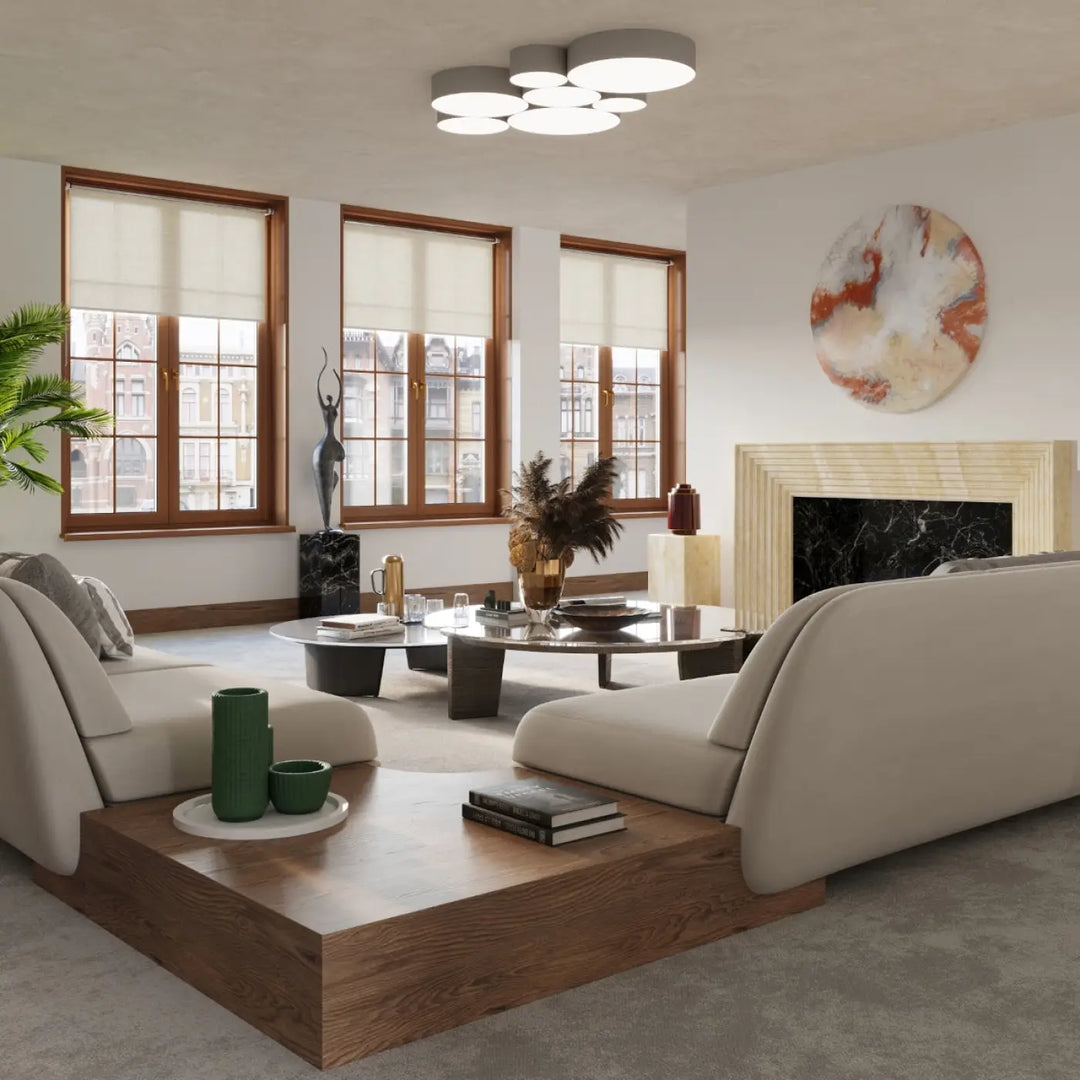 Beige canapé dangle rembourré avec base en bois bas profil dans luminaire plafonnier arena gris éclairage polyvalent forme riche plafonnier rond