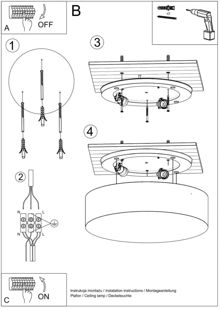 Schéma d’installation de plafonnier rond arena gris montrant câblage, matériel de montage et outils pour éclairage polyvalent et forme riche