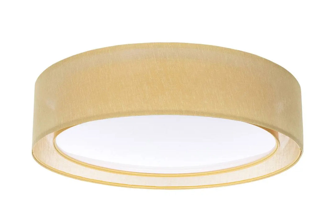 Luminaire plafonnier pu ro jaune avec abat jour tissu beige panneau led blanc diffus et bord doré subtil plafonnier rond jaune