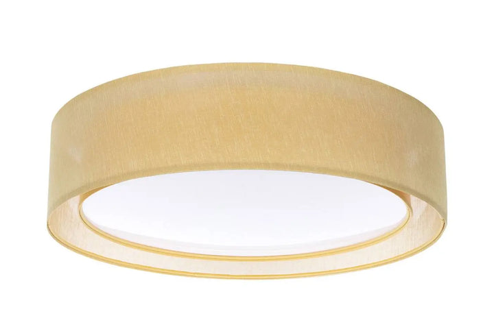 Luminaire plafonnier pu ro jaune avec abat jour tissu beige panneau led blanc diffus et bord doré subtil plafonnier rond jaune