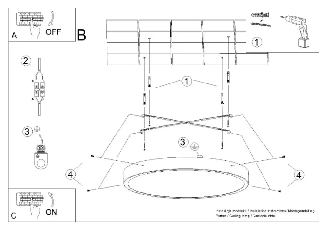 Diagramme dinstallation de luminaire plafonnier onyx 60 blanc led 3000k montrant montage et câblage pour plafond rond sans accumulation de poussière