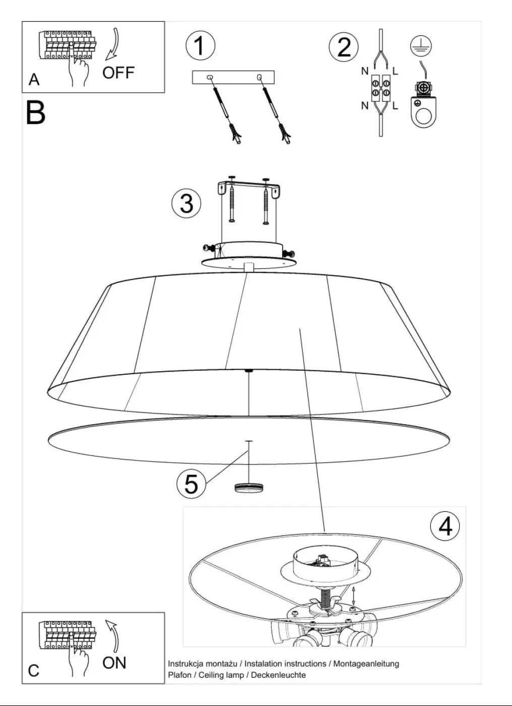 Plafonnier vega 60 noir avec finitions métalliques et abat-jours circulaires pour un éclairage discret en chambre à coucher