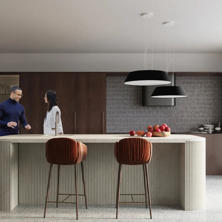 Rust-colored velvet bar stools with slender metal legs complement plafonnier vega for éclairage discret in chambre à coucher