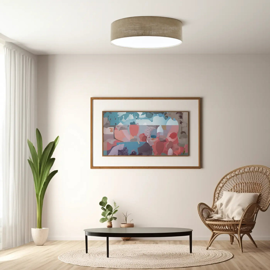 Luminaire plafonnier boho elegant taupe with a rectangular abstract painting in pastel pink blue and teal in a light wood frame