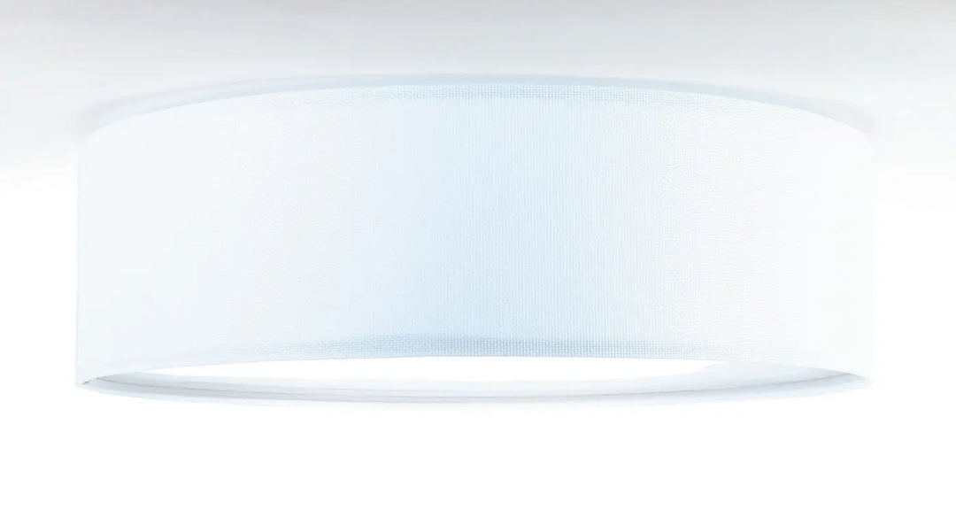 Luminaire plafonnier rond en tissu blanc avec abat-jour cylindrique texturé subtil mesh blanc