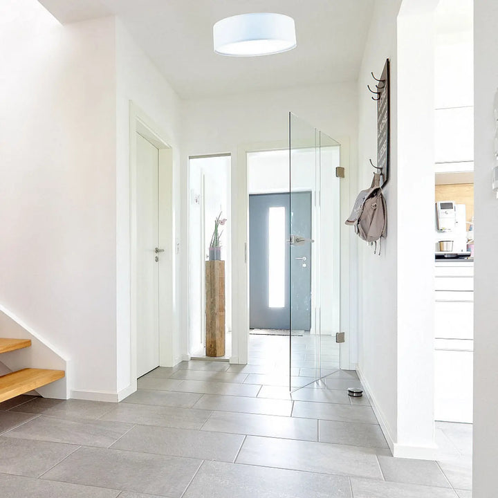 Luminaire plafonnier rond moderne en tissu blanc avec design minimaliste cylindrique blanc pour plafond