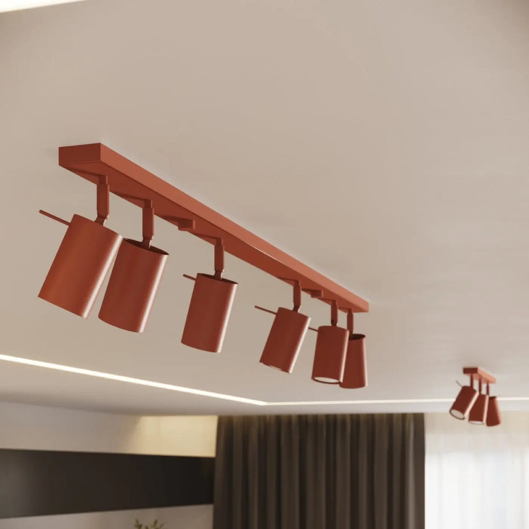 Luminaire plafonnier ring 3l rouge ochra avec cinq spots cylindriques cuivre pour éclairage flexible et minimalisme moderne