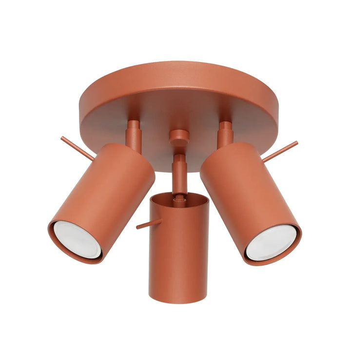 Luminaire plafonnier lampe ring rouge ochra avec trois têtes cylindriques réglables pour un éclairage flexible moderne