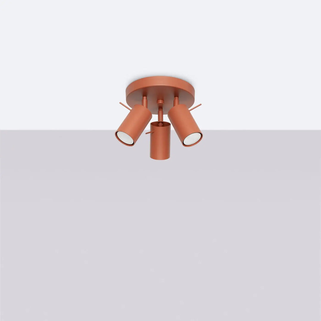 Luminaire plafonnier ring 3p rouge ochra avec trois têtes cylindriques réglables en cuivre pour éclairage flexible minimalisme moderne