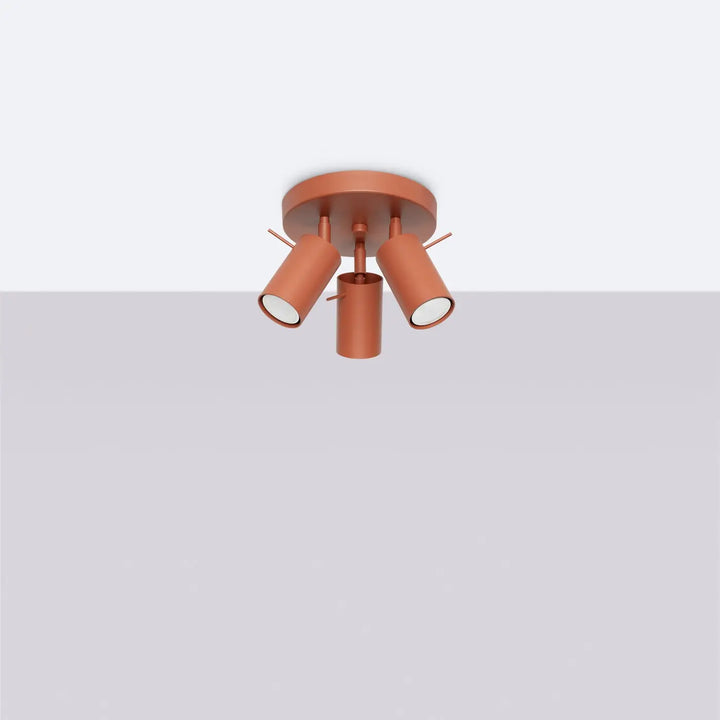 Luminaire plafonnier ring 3p rouge ochra avec trois têtes cylindriques réglables en cuivre pour éclairage flexible minimalisme moderne
