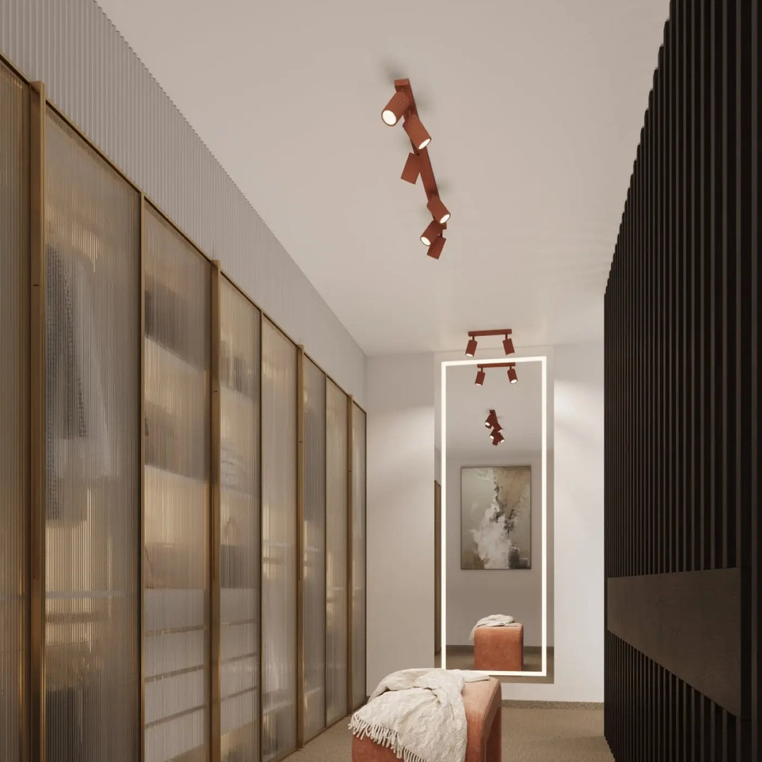 Luminaire plafonnier karbon allie cuivre avec design minimaliste et ampoules gu10 interchangeables rouge ocre