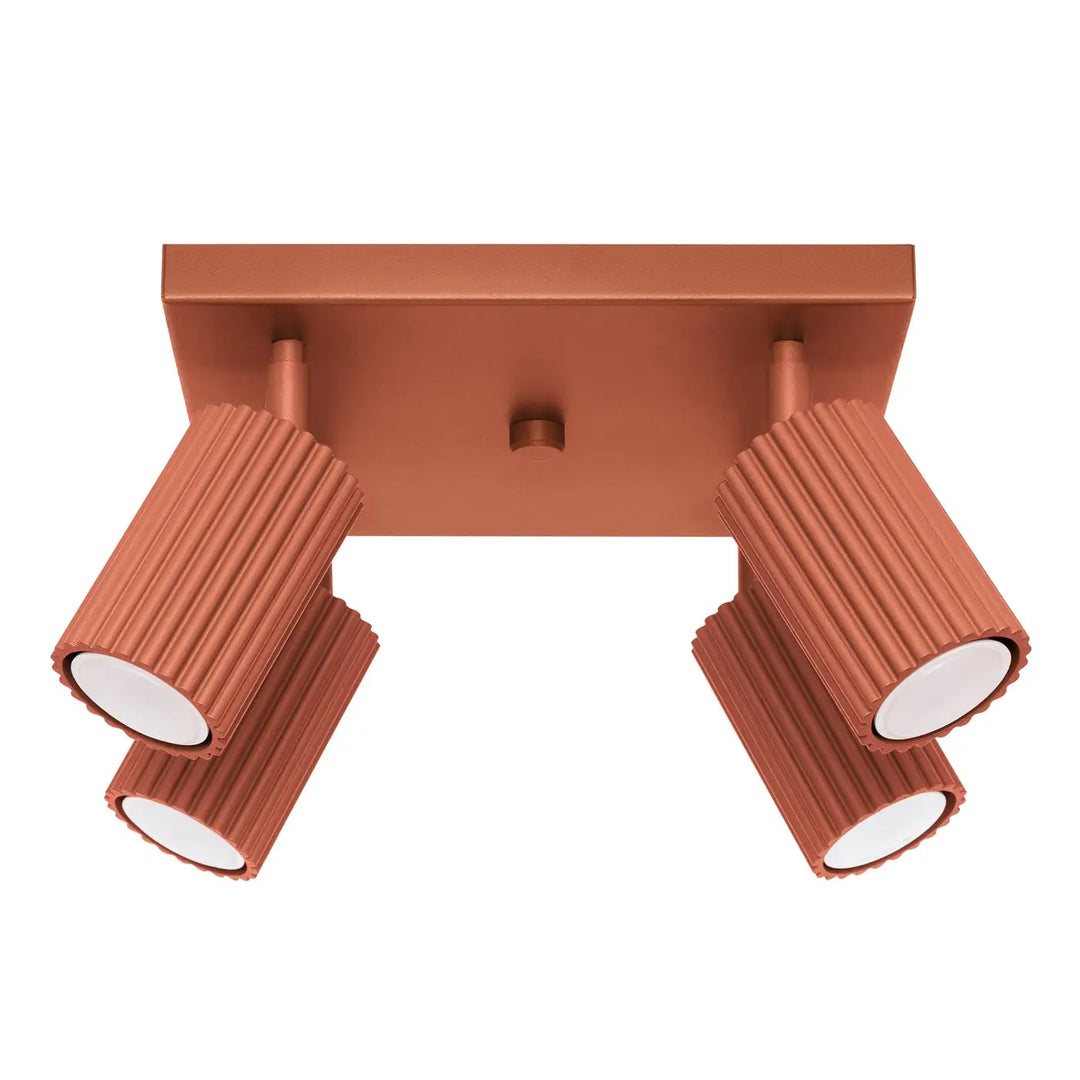 Luminaire plafonnier karbon 4 rouge ocre avec quatre spots cylindriques réglables en cuivre design minimaliste et ampoules gu10 interchangeables
