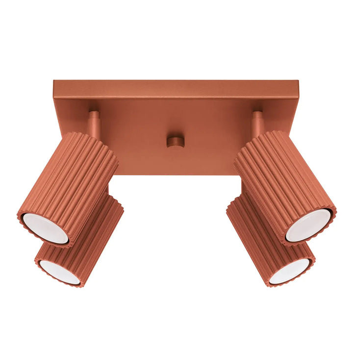 Luminaire plafonnier karbon 4 rouge ocre avec quatre spots cylindriques réglables en cuivre design minimaliste et ampoules gu10 interchangeables