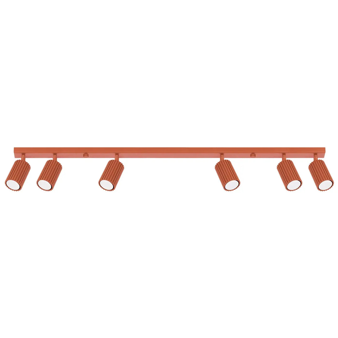 Plafonnier karbon cuivre avec six spots cylindriques rainurés et ampoules gu10 interchangeables design minimaliste