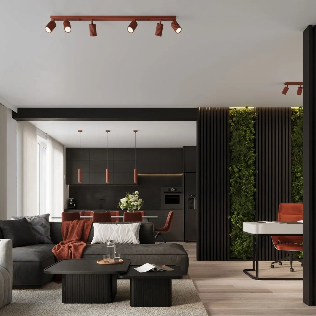 Plafonnier karbon allie en cuivre rouge ocre avec quatre ampoules gu10 interchangeables style minimalisme