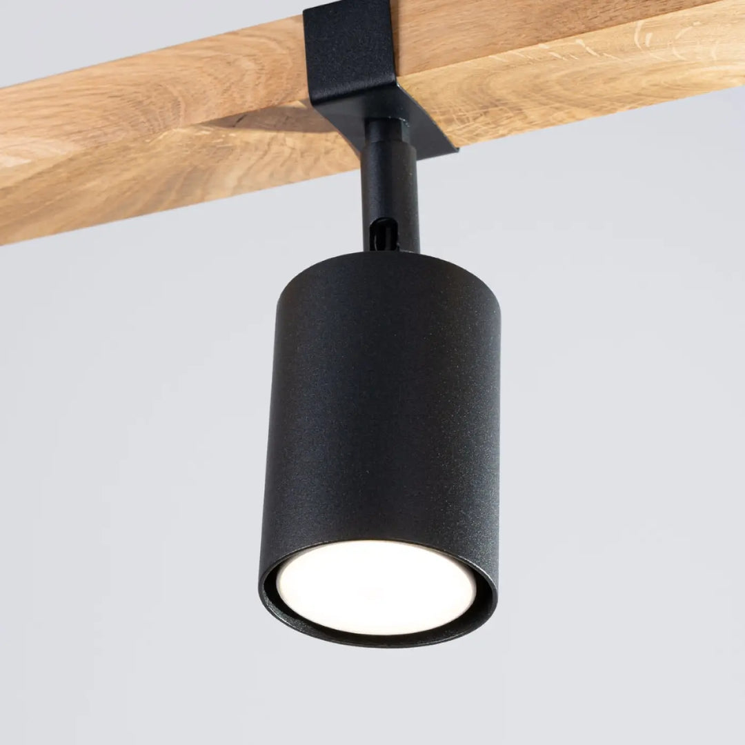 Luminaire plafonnier fager 3 noir avec lampe directionnelle fager et boîtier moderne monté sur poutre en bois