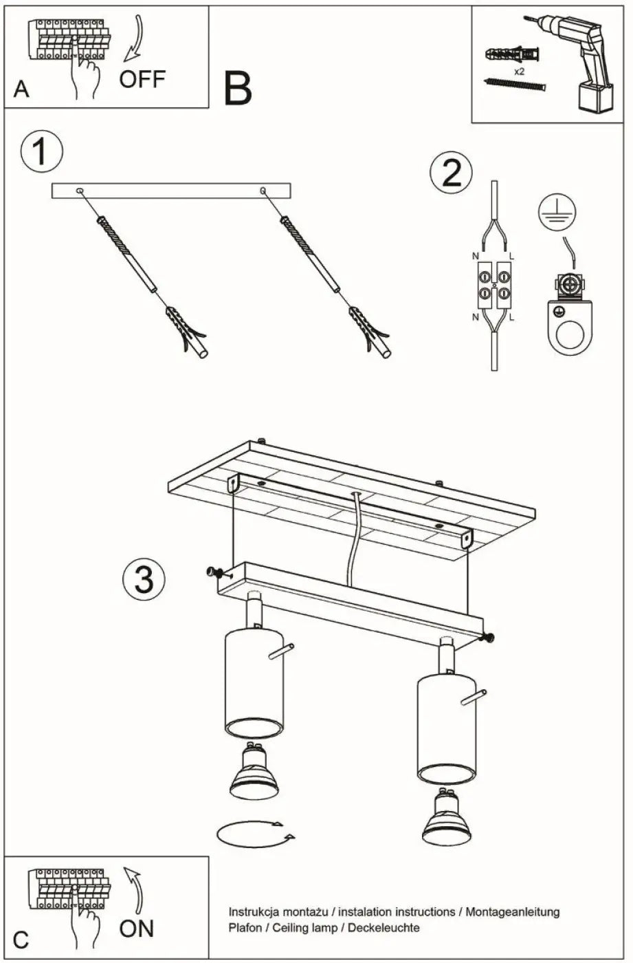 Luminaire plafonnier ring 2 chrome avec deux abat-jour cylindriques en métal design industriel que vous pouvez facilement installer