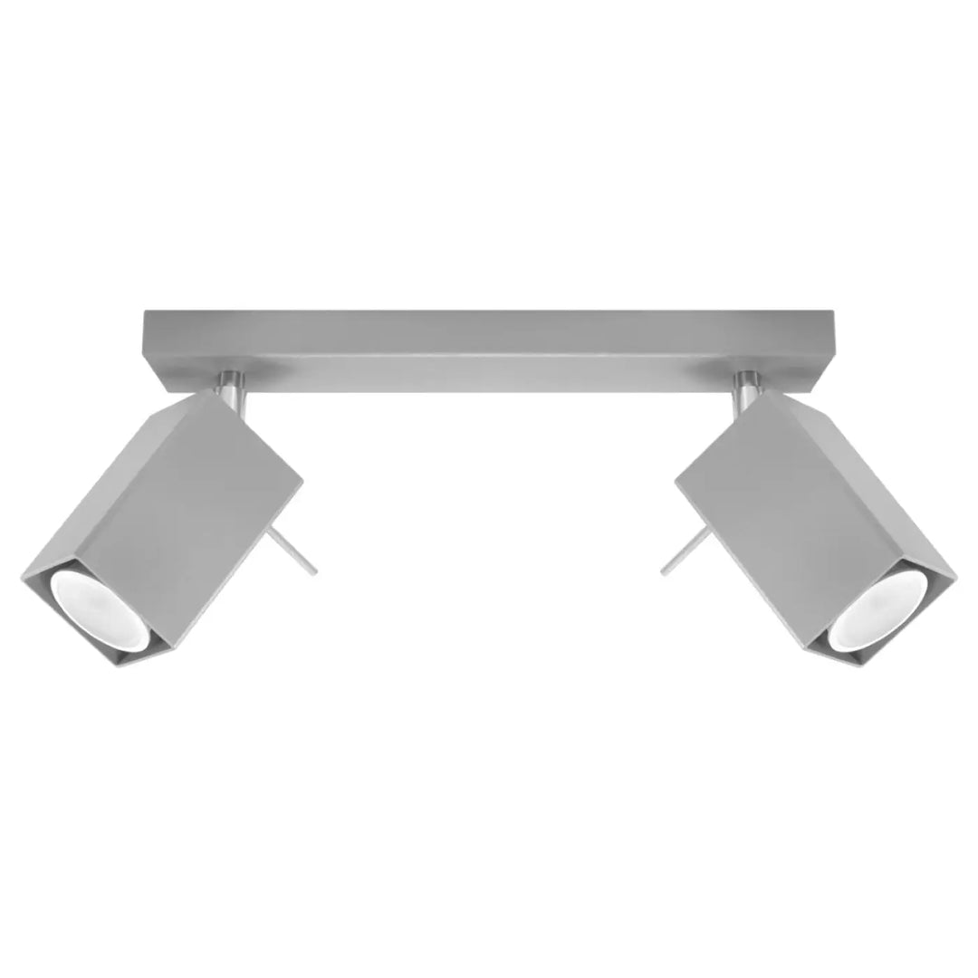 Plafonnier moderne merida 2 gris en métal argenté avec deux spots disposés et bras ajustables pour diriger précisément