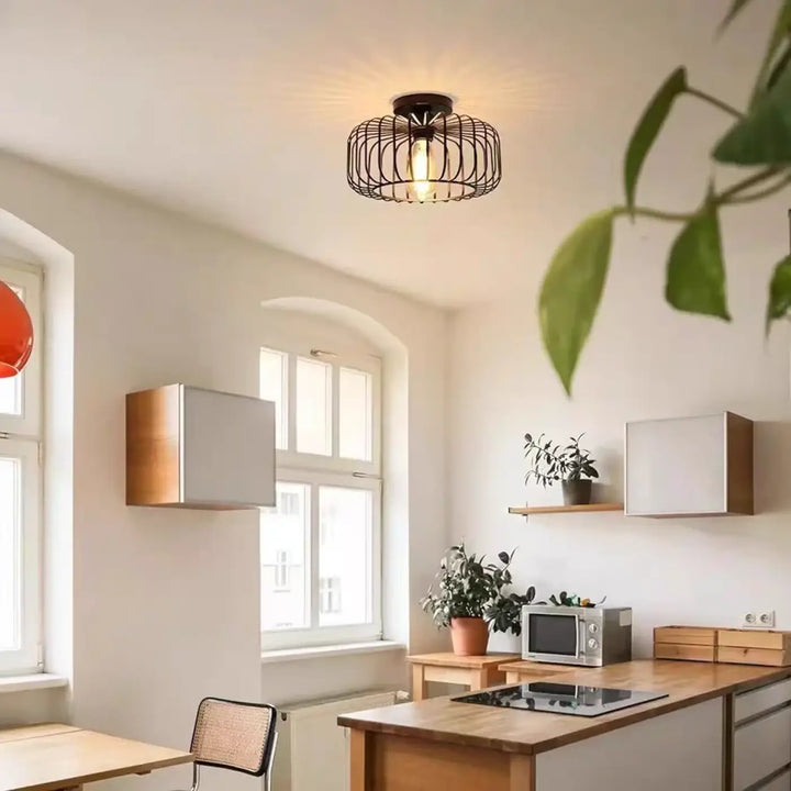 Luminaire plafonnier style industriel en fer forgé noir cage avec ampoule visible esthétique inspirée styriel
