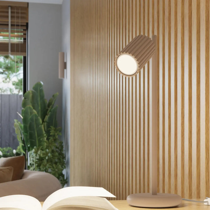 Luminaire plafonnier karbon 10 taupe en bois avec abat-jour cylindrique cannelé design minimaliste et ampoules gu10 interchangeables