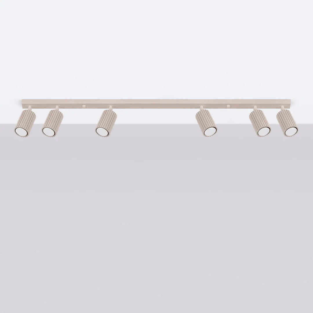 Plafonnier karbon allie beige métallique avec six spotlights cylindriques cannelés et ampoules gu10 interchangeables design minimaliste